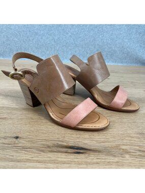 Born Womens Cindie Sandal Size 10 Block Heel Platform Tan Pink Leather Slingback